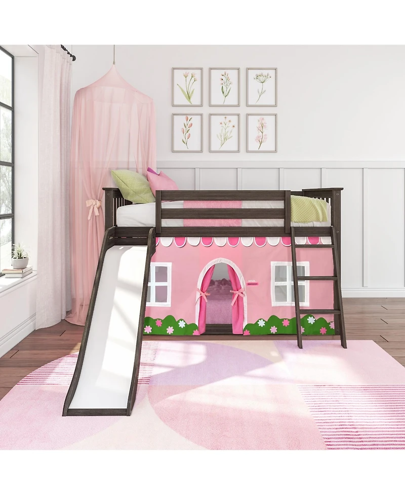 Max & Lily Low Bunk With Easy Slide and Light Pink White Farmhouse Curtain