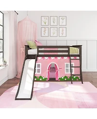 Max & Lily Low Bunk With Easy Slide and Light Pink White Farmhouse Curtain