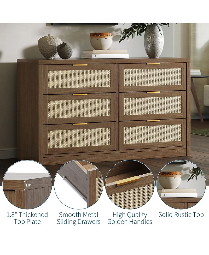 gaomon 6-Drawer Dresser for Bedroom, 57.2" Wide Rattan Dresser Modern Wood Chest with Metal Handles