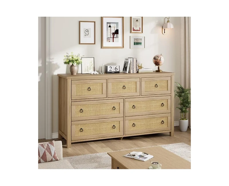 gaomon 7 Drawer Rattan Dresser for Bedroom, Tall Freestanding Boho Chest of Drawers