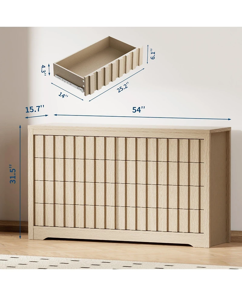 gaomon Bedroom 54" Wide 8-Drawer Fluted Dresser, Curved Profile Wood-Look Storage Chest