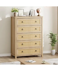 gaomon Rattan 5 Drawer Dresser, 45" Tall Wooden Storage Chest and Tv Stand for Bedroom Living Room Entryway