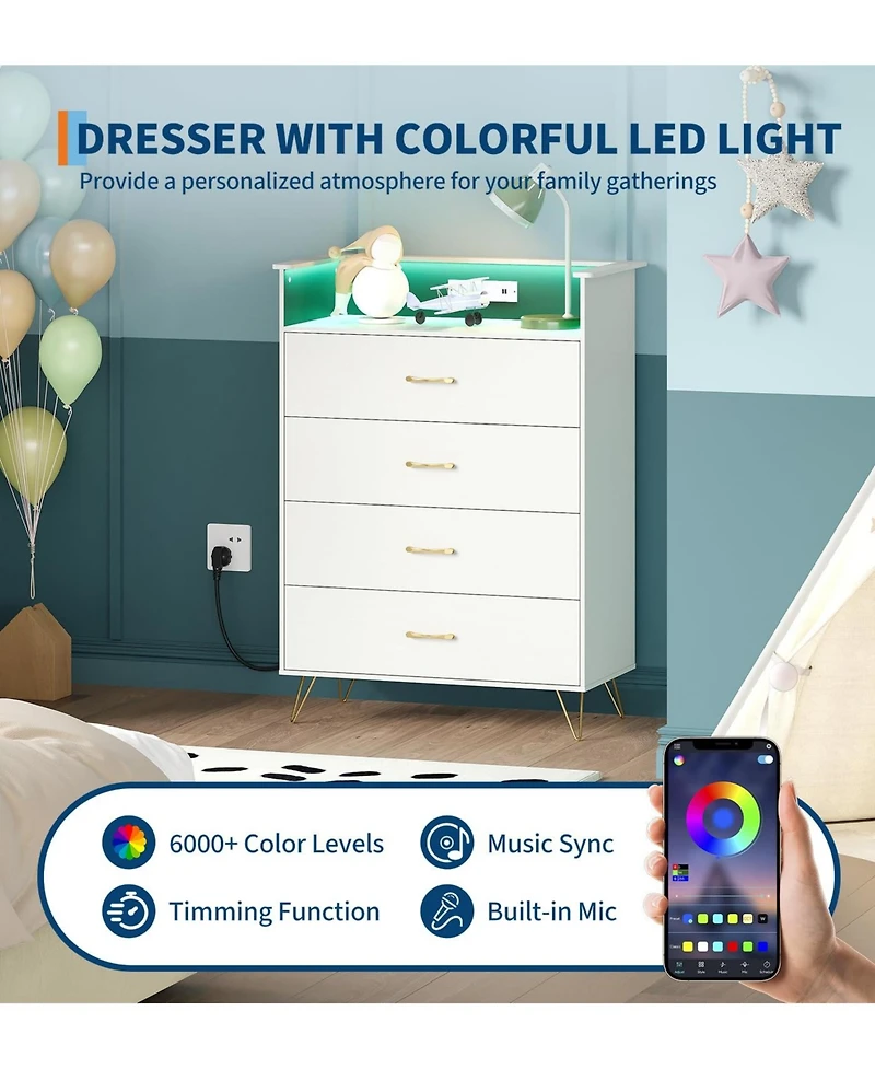 gaomon Tall 4 Drawer Dresser with Rgb Led Lights and Charging Station, App Controlled Storage Cabinet for Bedroom