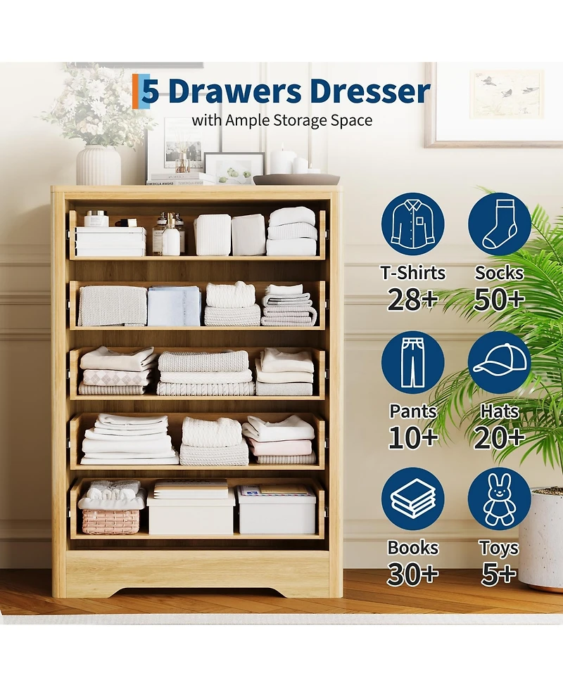 gaomon 46.1" Tall 5 Drawer Wood Dresser with Decorative Fronts and Crystal Knobs, Narrow Storage Chest