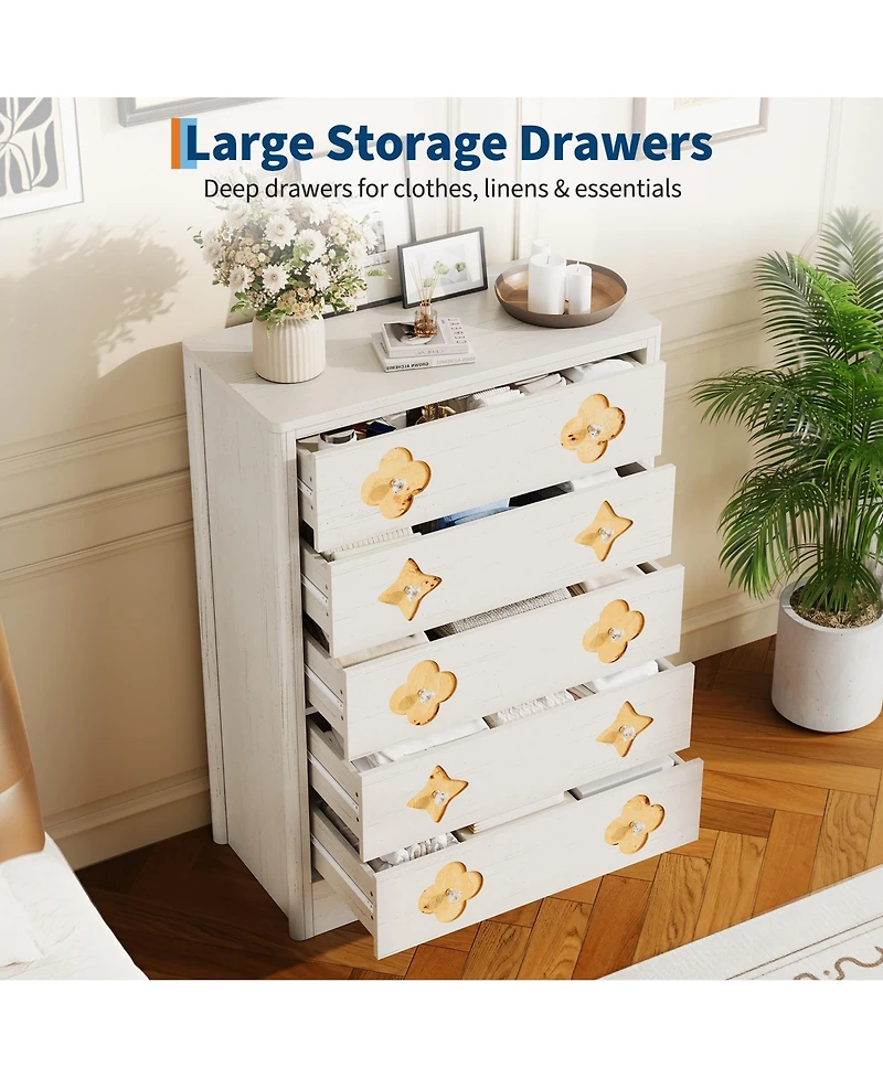gaomon 46.1" Tall 5 Drawer Wood Dresser with Decorative Fronts and Crystal Knobs, Narrow Storage Chest