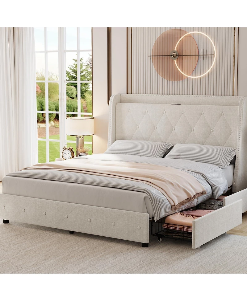 gaomon Upholstered Bed Frame with 4 Drawers, Charging Station and Wingback Headboard