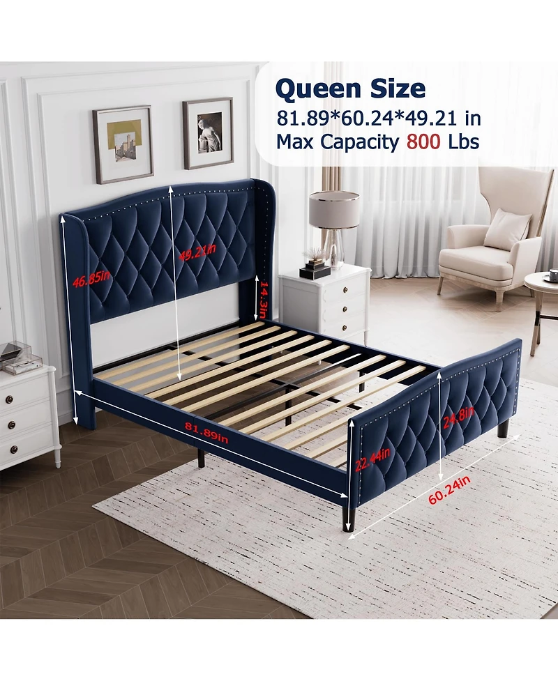 gaomon Bed Frame, Velvet Upholstered Platform Bed with Wingback Headboard, Wooden Slat Support