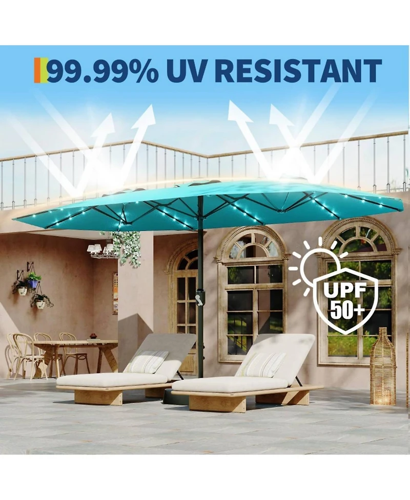 Gaomon Outdoor 15FT Double-Sided Rectangular Patio Umbrella with Base and 36 Solar Led Lights for Pool, Lawn