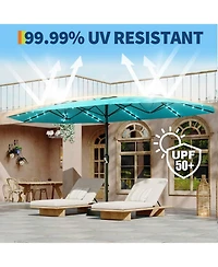Gaomon Outdoor 15FT Double-Sided Rectangular Patio Umbrella with Base and 36 Solar Led Lights for Pool, Lawn
