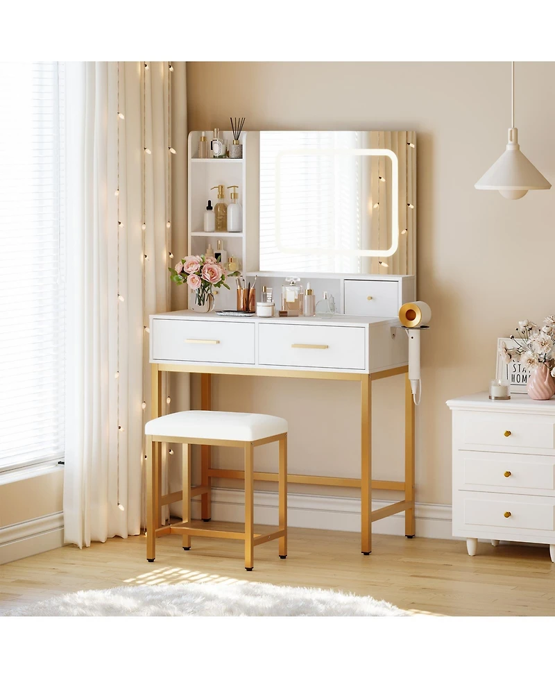 Homfan Makeup Vanity Desk with 3-Color Lights, 4 Drawers, 2 Shelves, Built-In Charging Station, Led Table for Bedroom, Dressing Room