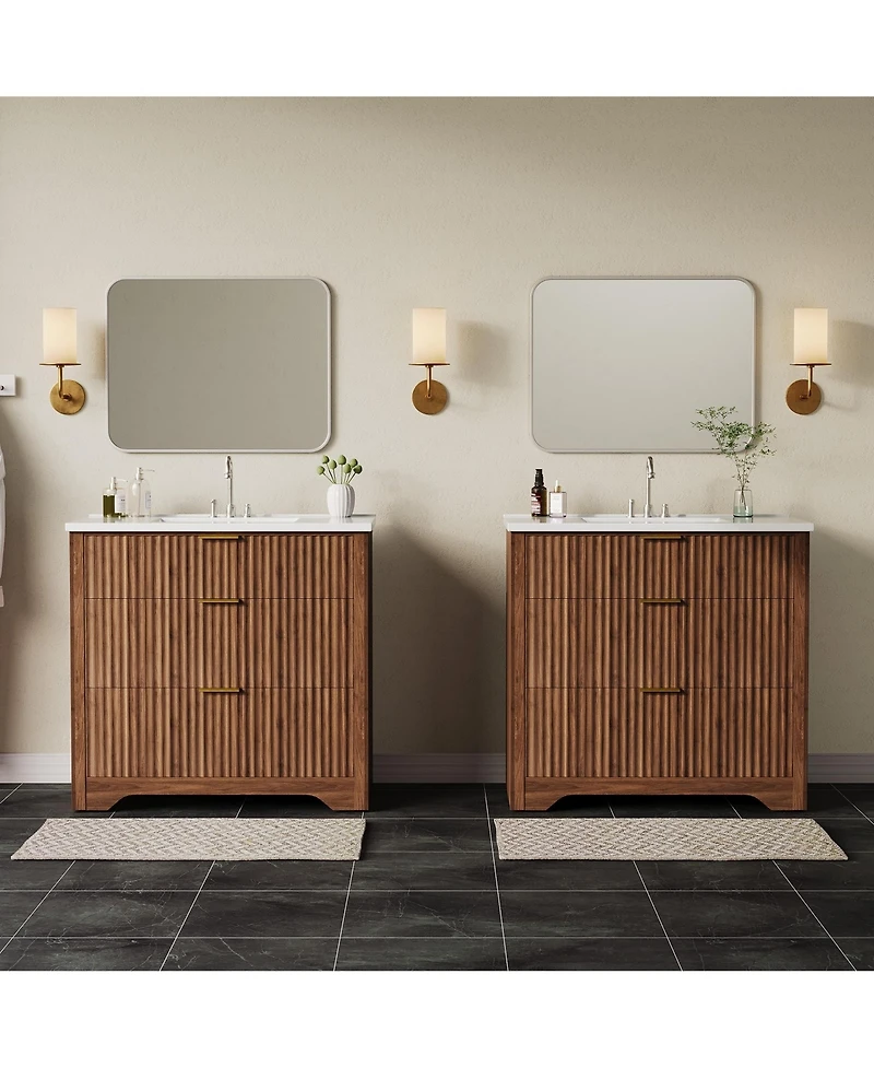 Gaomon Fluted Bathroom Vanity with Ceramic Sink Freestanding Cabinet with Soft-Close Drawers and 1 Rotating-Down Drawer 36 In