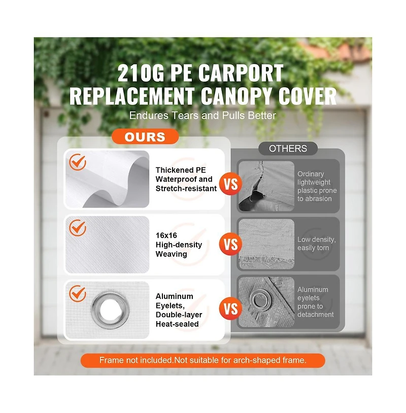 Sugift 10 x 20 ft Carport Replacement Canopy Cover Heavy Duty Waterproof Uv Protected Top Tarp