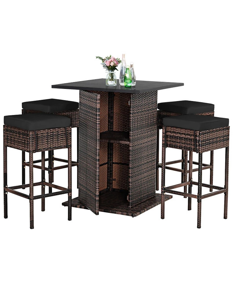Gouun 5-Piece Outdoor Pe Rattan Patio Bar Set with 4 Cushioned Stools and Hidden Storage Shelf