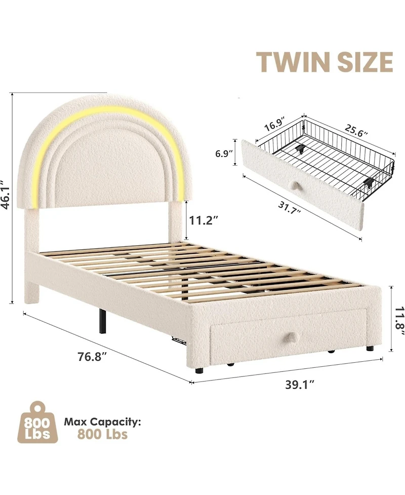 gaomon Twin Upholstered Led Bed Frame - with Storage Drawer and Rainbow Headboard, Berber Fleece Princess Platform for Kids, Solid Wood Support
