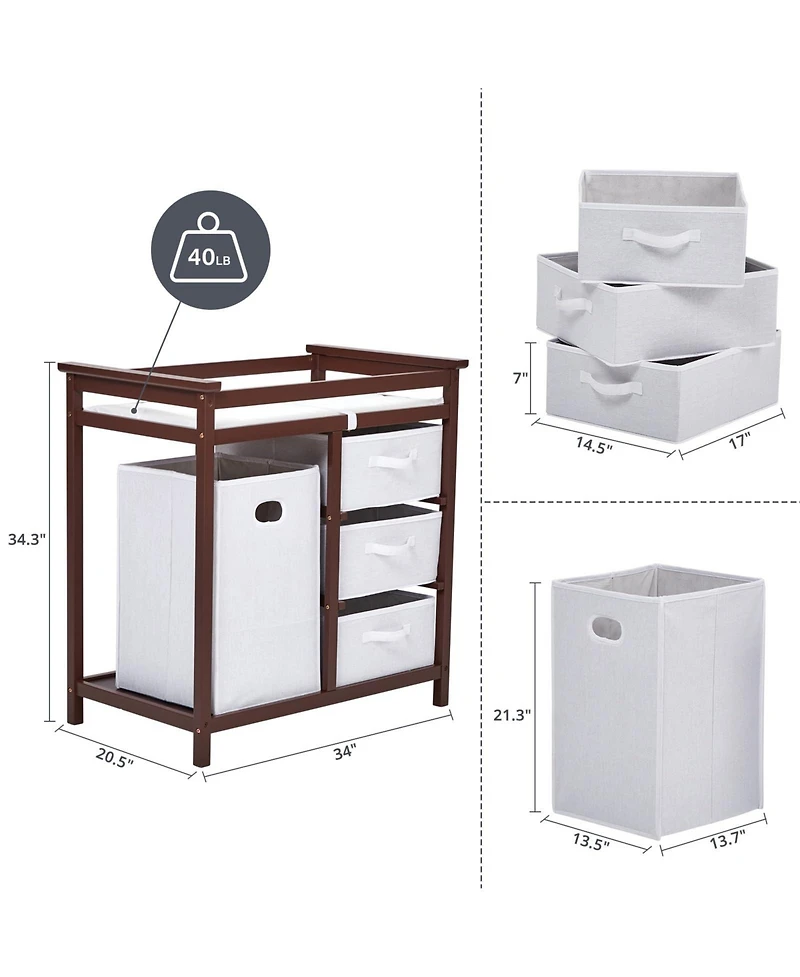 gaomon Wooden Baby Changing Table, Infant Diaper Station Dresser with Laundry Hamper, 3 Drawer Basket and Pad