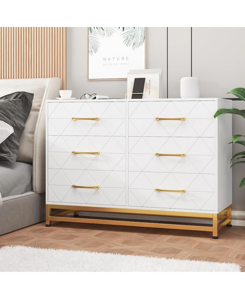 gaomon 6 Drawer Wood Dresser for Bedroom, Modern Storage Chest with Gold Handles and Metal Base