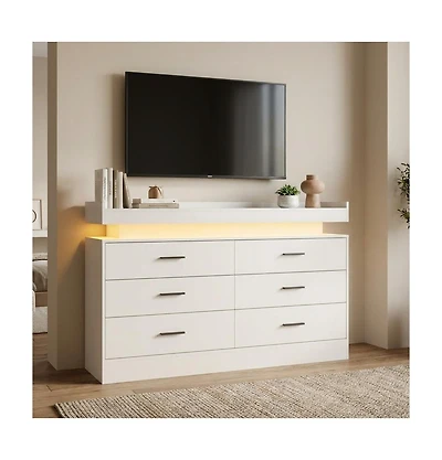 gaomon Led Tv Stand Cabinet with Charging Station, Floating Countertop Coffee Bar Sideboard with 6 Drawers Storage