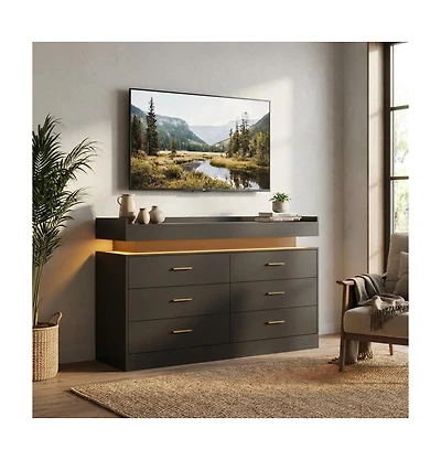 gaomon Led Tv Stand Cabinet with Charging Station, Floating Countertop Coffee Bar Sideboard with 6 Drawers Storage