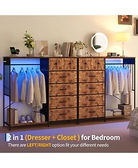 gaomon 49.2" Dresser with Hanging Rack, 6 Fabric Drawers, Led Lights and Charging Station Storage Organizer