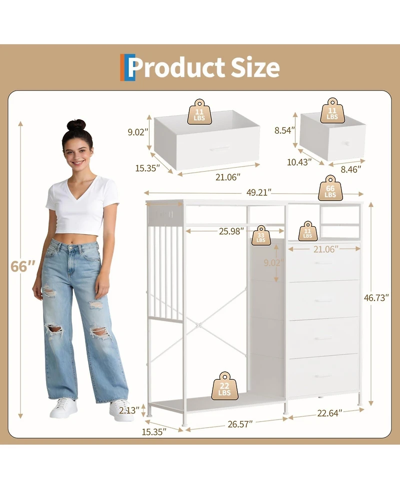 gaomon 49.2" Dresser with Hanging Rack, 6 Fabric Drawers, Led Lights and Charging Station Storage Organizer
