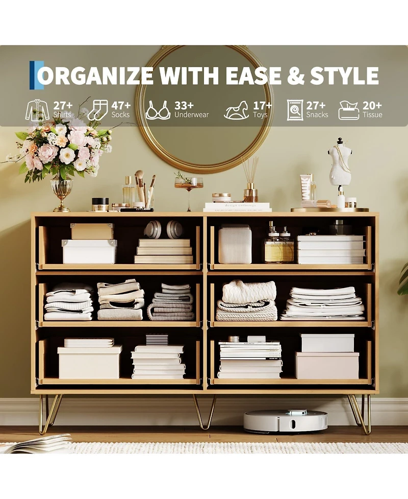 gaomon Fluted 6 Drawer Dresser for Bedroom, 47" Wide Wood Chest with Metal Handles Storage Cabinet