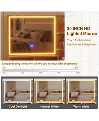 Homfan Fluted Makeup Vanity Desk with Led Lighted Mirror and Power Outlet - 5 Drawers, Glass Top, Door, Adjustable Shelves