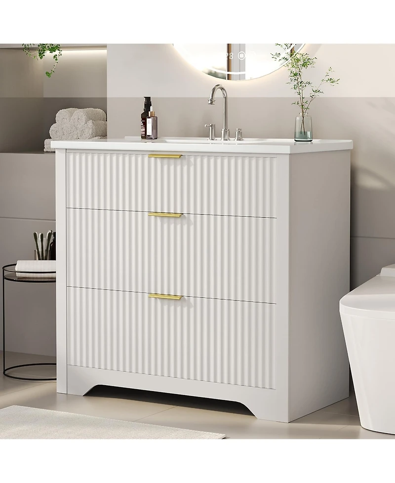 Gaomon Fluted Bathroom Vanity with Ceramic Sink Freestanding Cabinet with Soft-Close Drawers and 1 Rotating-Down Drawer 36 In