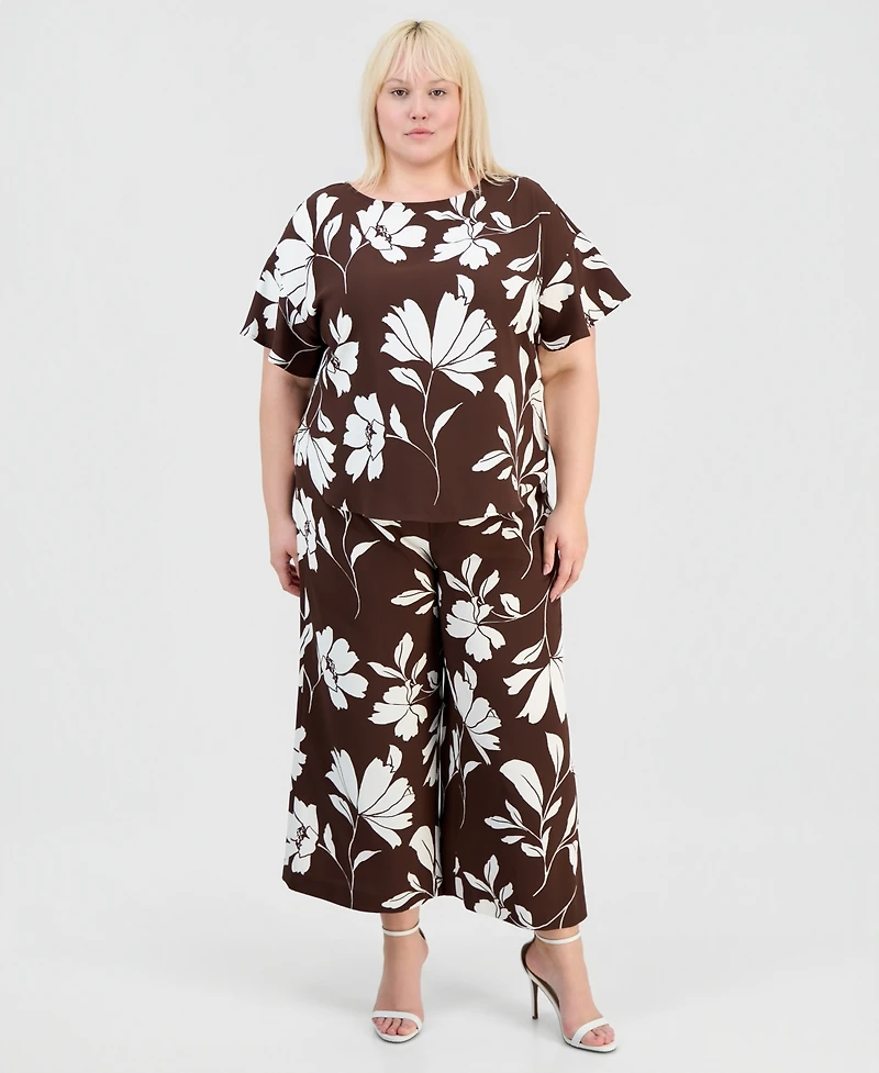 Anne Klein Plus Printed Flutter-Sleeve Top