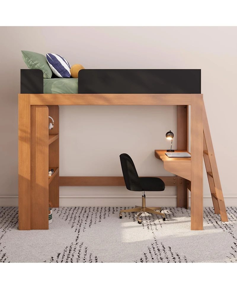 Max & Lily Mid-Century Modern Twin Loft Bed with Desk and Bookshelf