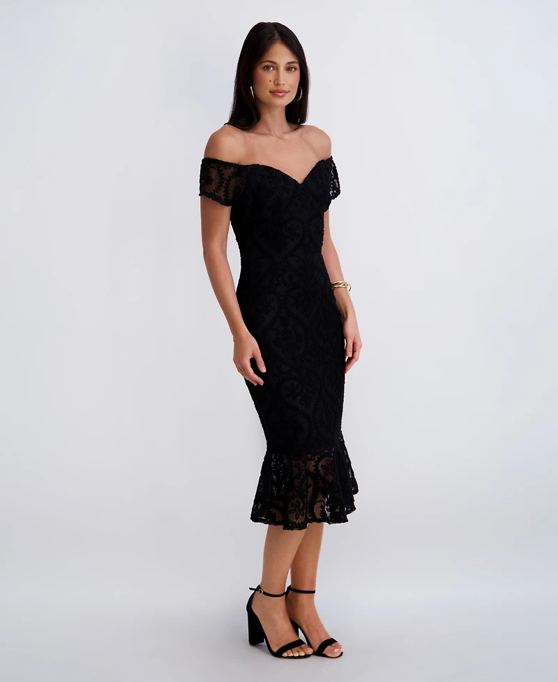 Siena Women's Crochet Lace Removable Straps Sweetheart Neck Midi Dress