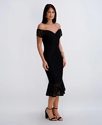 Siena Women's Crochet Lace Removable Straps Sweetheart Neck Midi Dress