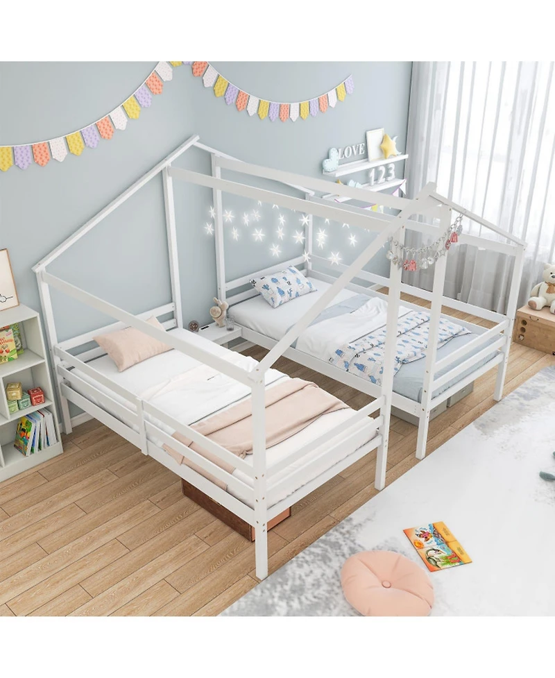 Gouun Double Twin Wood House Bed Set with Shared Built-In Nightstand and Usb Charging