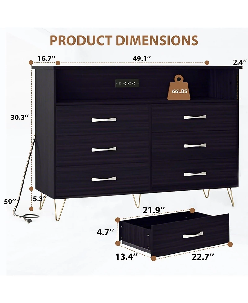 gaomon 6 Drawer Dresser with Led Lights and Charging Station, Wood Storage Chest Steel Frame