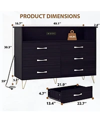 gaomon 6 Drawer Dresser with Led Lights and Charging Station, Wood Storage Chest Steel Frame