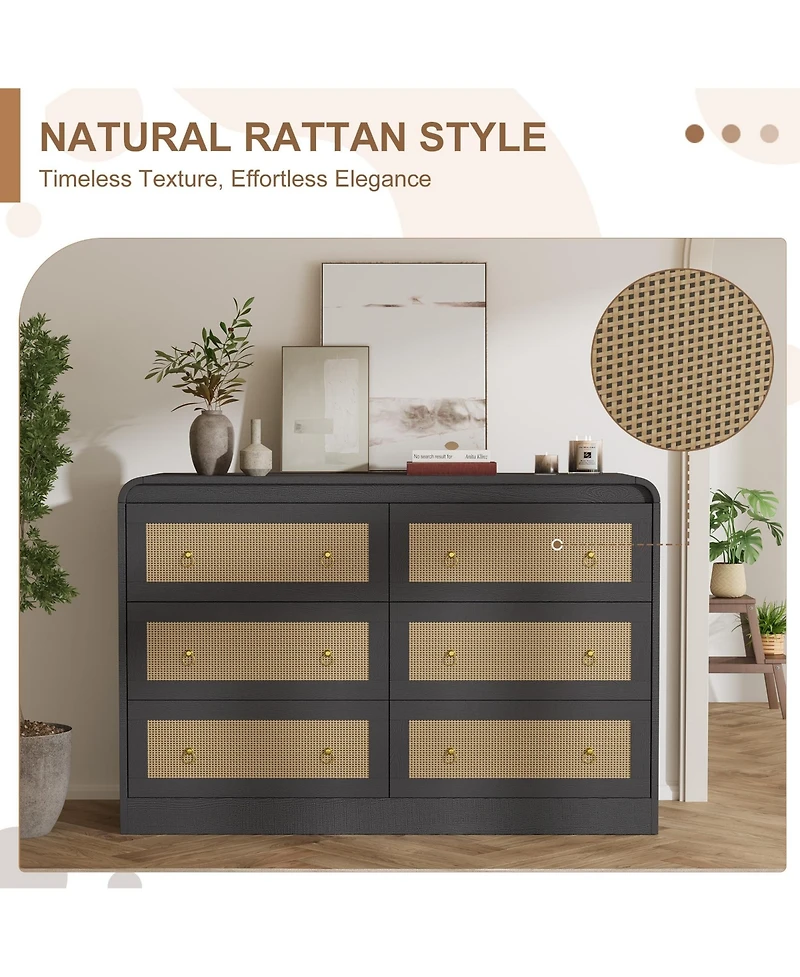 gaomon 6 Drawer Rattan Dresser with Rounded Corners, 46" Wide Modern Wooden Storage Cabinet for Bedroom Living Room