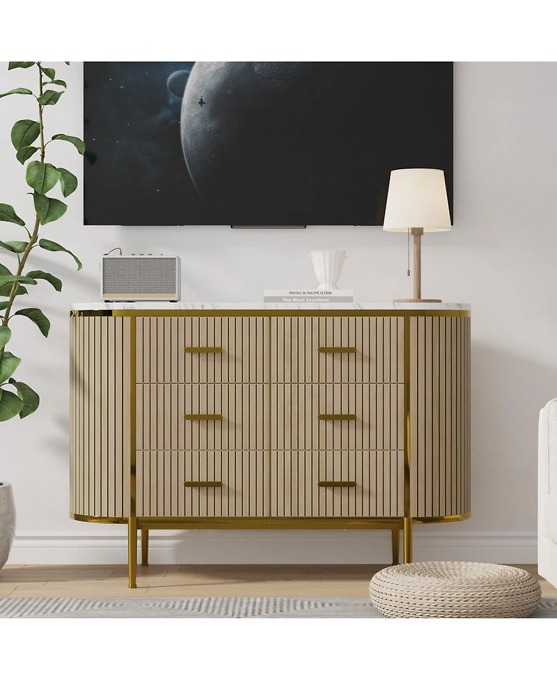 gaomon Fluted 6 Drawer Dresser, Mid Century Modern Wood Chest with Curved Design and Gold Handles