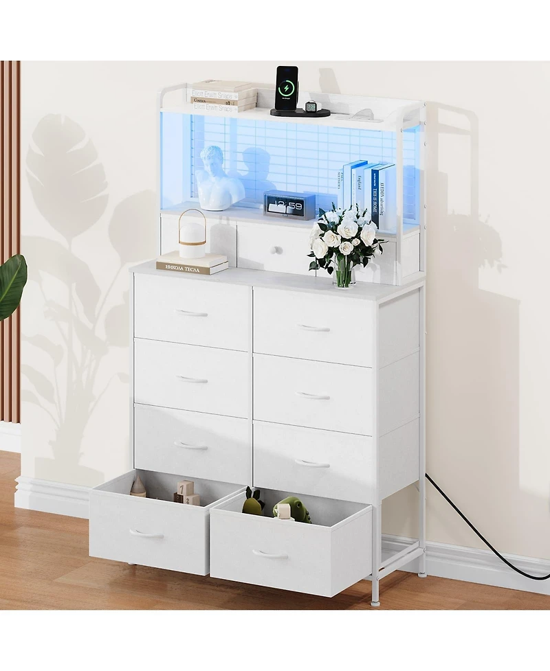 gaomon 11 Drawer Fabric Dresser with Charging Station, Wireless Charger and Rgb Led Lights Storage Organizer