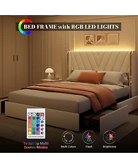 gaomon Velvet Upholstered Bed Frame with Led Lights, 4 Drawers, Wingback Headboard and Charging Station, No Box Spring
