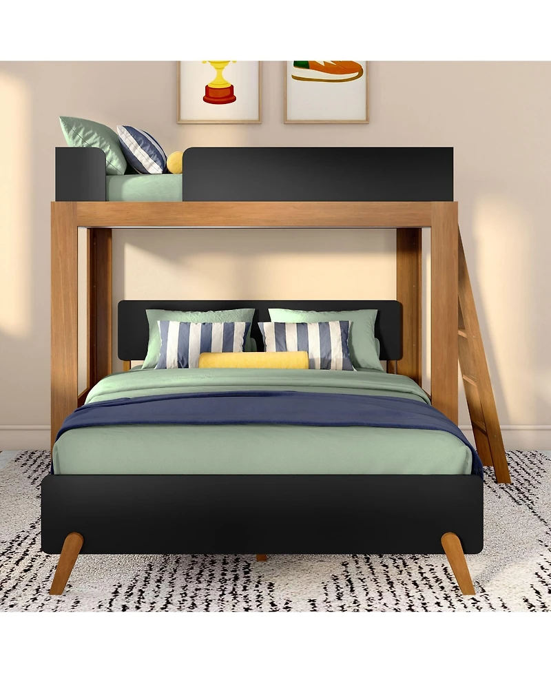 Max & Lily Mid-Century Modern L-Shaped Twin Over Queen Bunk Bed With Ladder on End