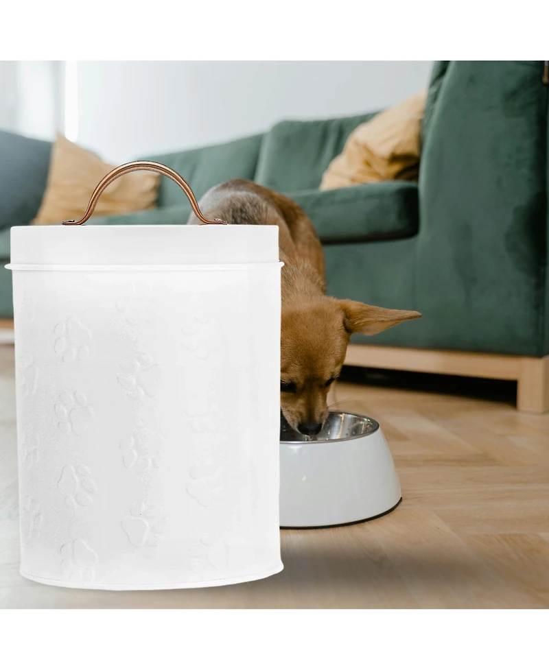 Amici Pet Puppy Paws White Metal Food Canister, Small, Airtight Seal, Removable Lid, and Metal Cooper Handle for Fresh and Stylish Pet Food Storage, 6