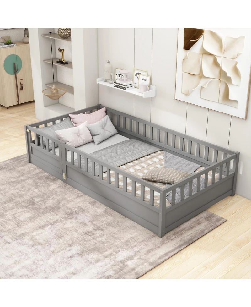 Rainsken Montessori Floor Bed, with Fence and Open Door, Children's Bed Frame