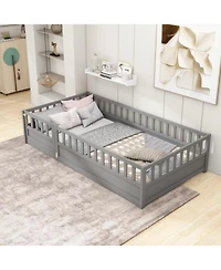 Rainsken Montessori Floor Bed, with Fence and Open Door, Children's Bed Frame