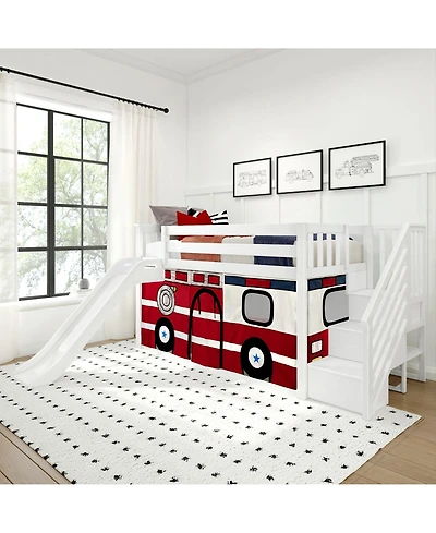 Max & Lily Low Twin over Bunk With Stairs, Easy Slide and Firetruck Curtain
