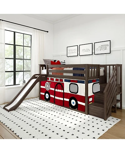 Max & Lily Low Twin over Bunk With Stairs, Easy Slide and Firetruck Curtain