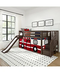 Max & Lily Low Twin over Bunk With Stairs, Easy Slide and Firetruck Curtain