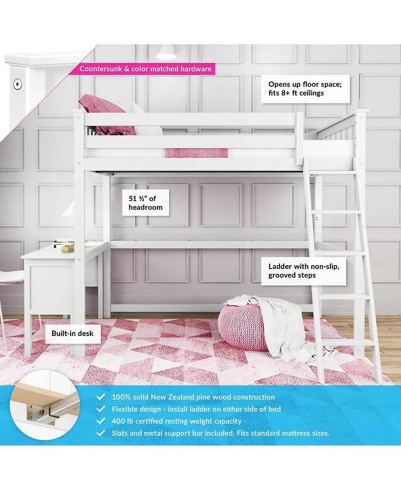 Max & Lily High Loft Bed With Ladder on End and Desk