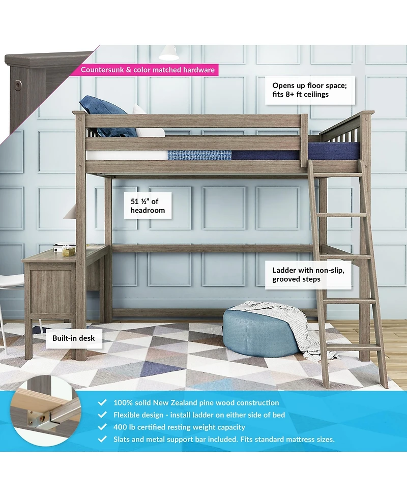 Max & Lily High Loft Bed With Ladder on End and Desk