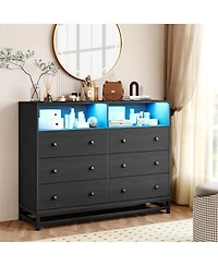 gaomon 6 Drawer Dresser with Led Lights and Power Outlet, Wooden Tv Stand Storage Cabinet for Bedroom