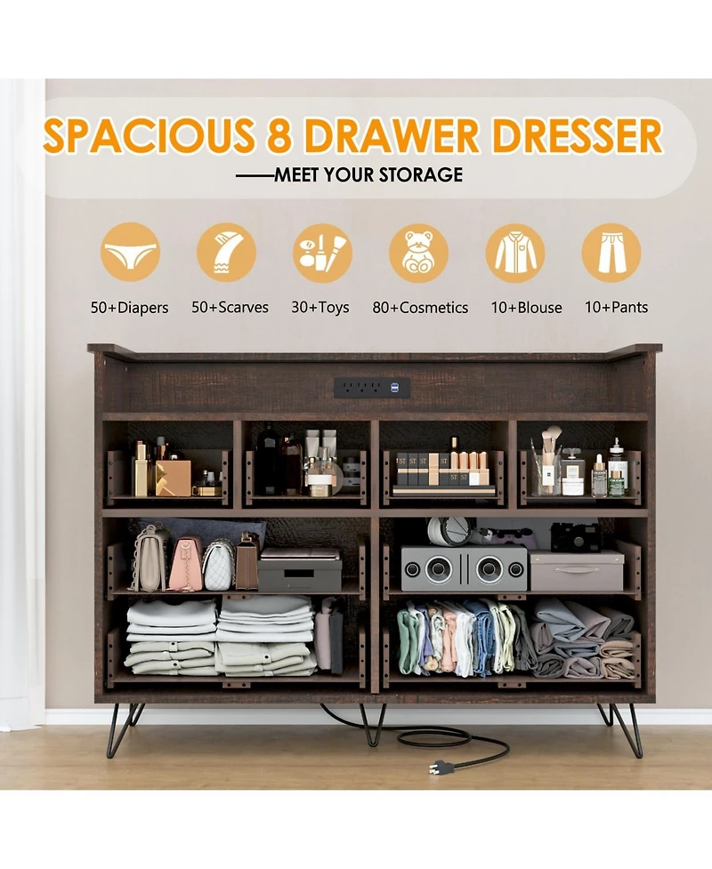 gaomon 8 Drawer Dresser with Led Lights, Charging Station and Open Shelf for Bedroom