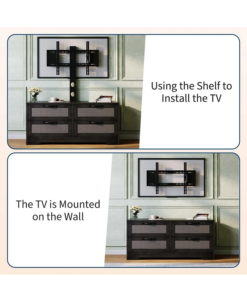 gaomon Rattan TV Stand with Mount for Tvs up to 70", Farmhouse Media Console 4 Drawers and Adjustable Bracket
